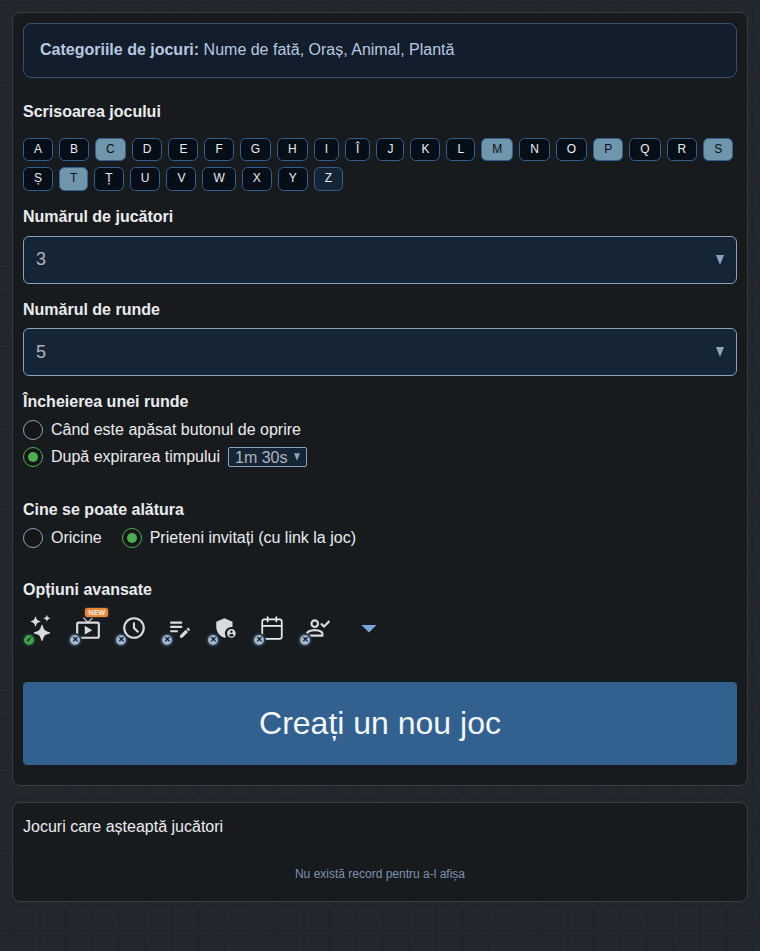 Formularul de creare a jocului