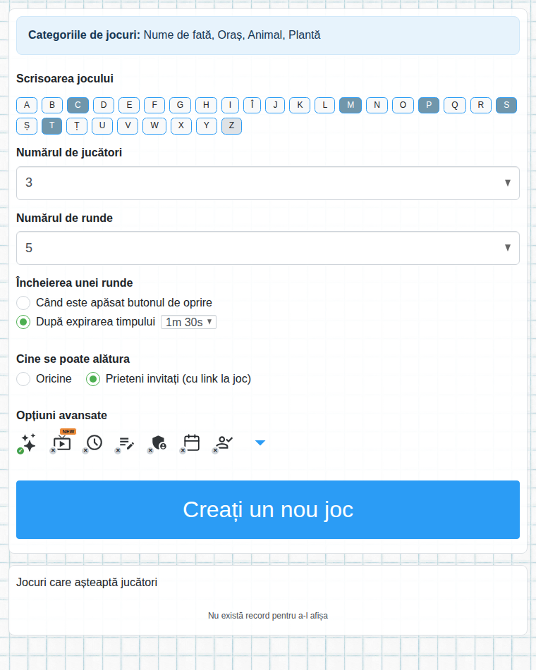 Formularul de creare a jocului