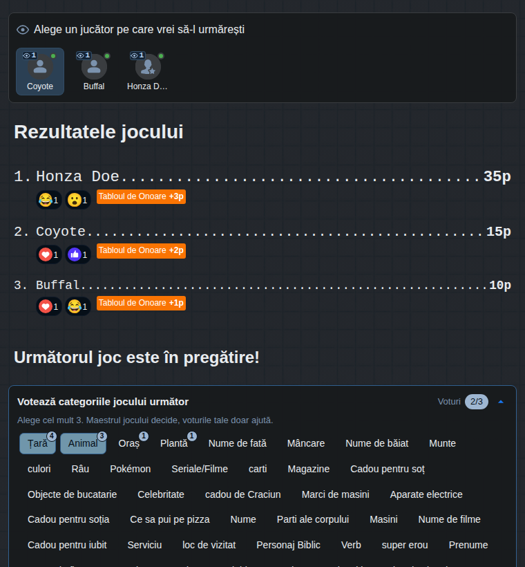 Sfârșitul jocului din perspectiva spectatorului: rezultate și votul categoriilor jocului următor