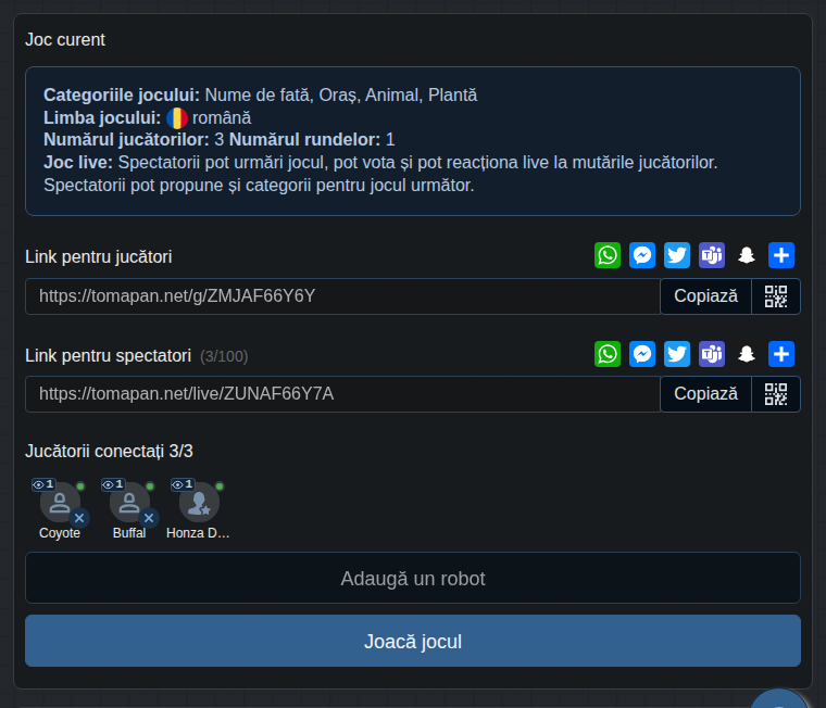Lobby cu linkul pentru public