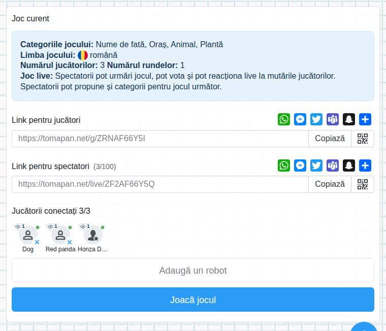 Lobby cu linkul pentru public