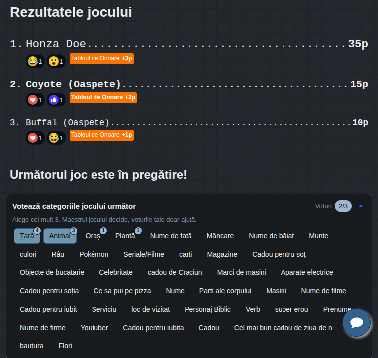 Rezultatele jocului