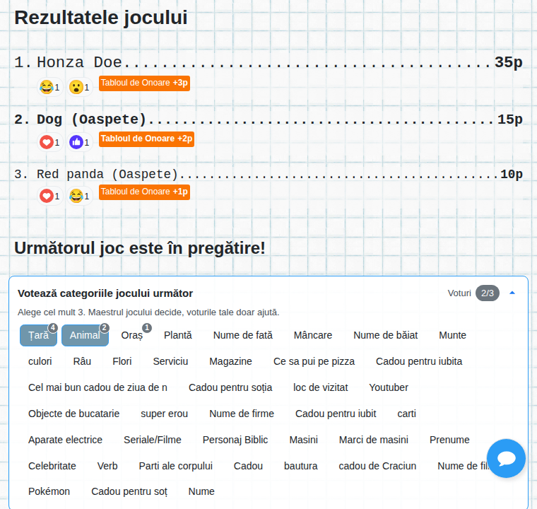 Rezultatele jocului